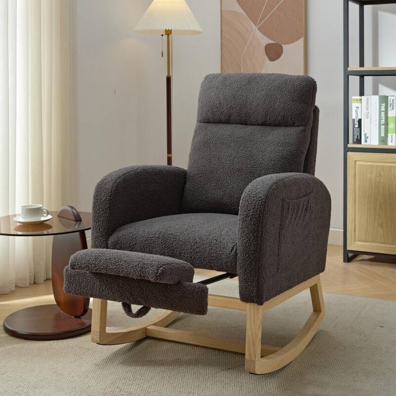 Modern Nursery Accent High Back Rocking Chair with Side Pocket - Grey