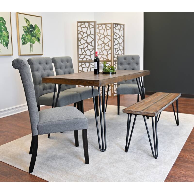 Simple Dining Table Set with Gray Padded Seating Chairs and Bench - Brown Gray