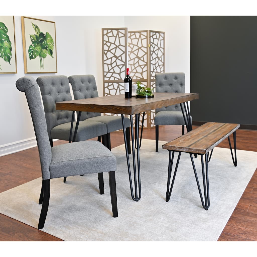 Simple Dining Table Set with Gray Padded Seating Chairs and Bench