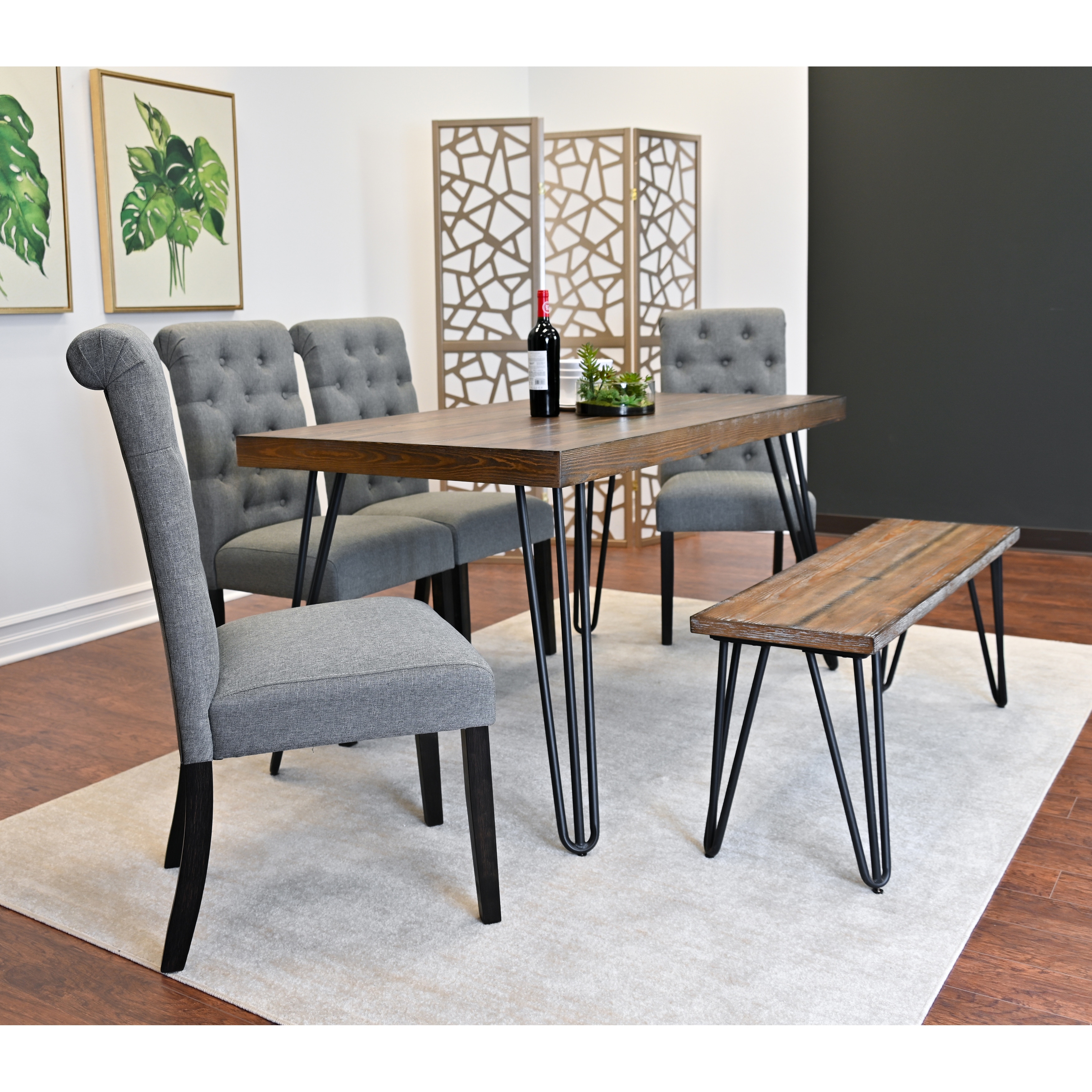 Simple Dining Table Set with Gray Padded Seating Chairs and Bench