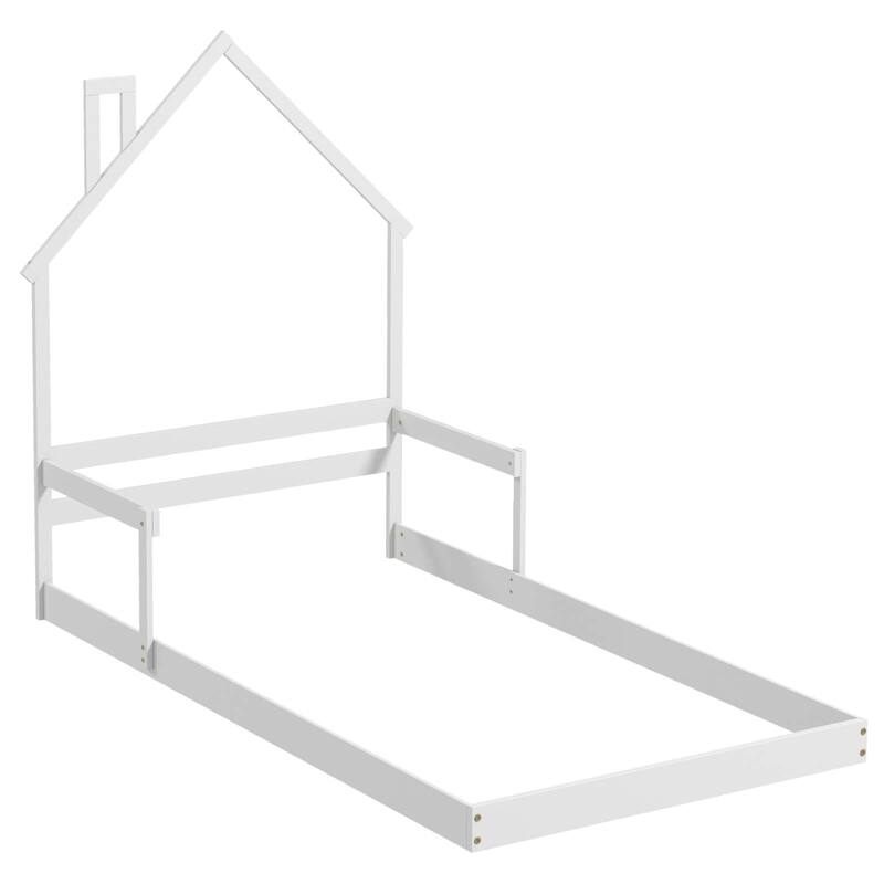 Costway Twin Size Floor Bed for Kids with Chimney Headboard & Handrail