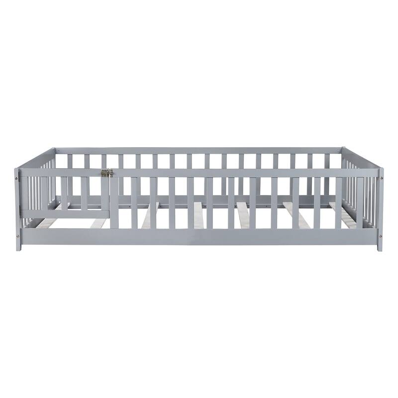 Wooden Floor Bed Frame with Slats Support, Twin Size Kids Floor Bed, Rubber Wood Twin Floor Bed Frame with Fence and Door