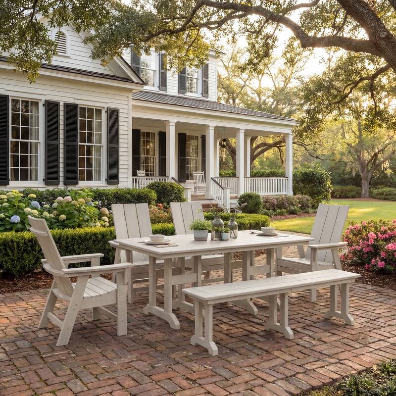 Shoreside 6-Piece Rectangular Poly Eco-Friendly All Weather Outdoor Dining Set with Bench - Sand