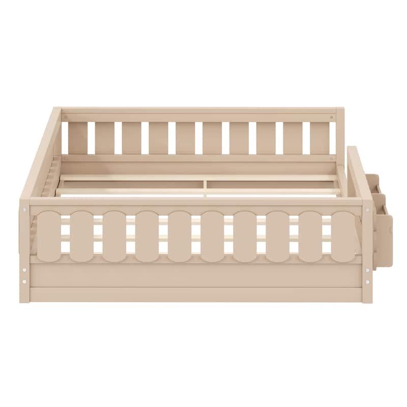 Kid Wood Platform Storage Bed Montessori Toddler Floor Bed Children Daybed with Guardrail and Side Creativity Storage Shelves