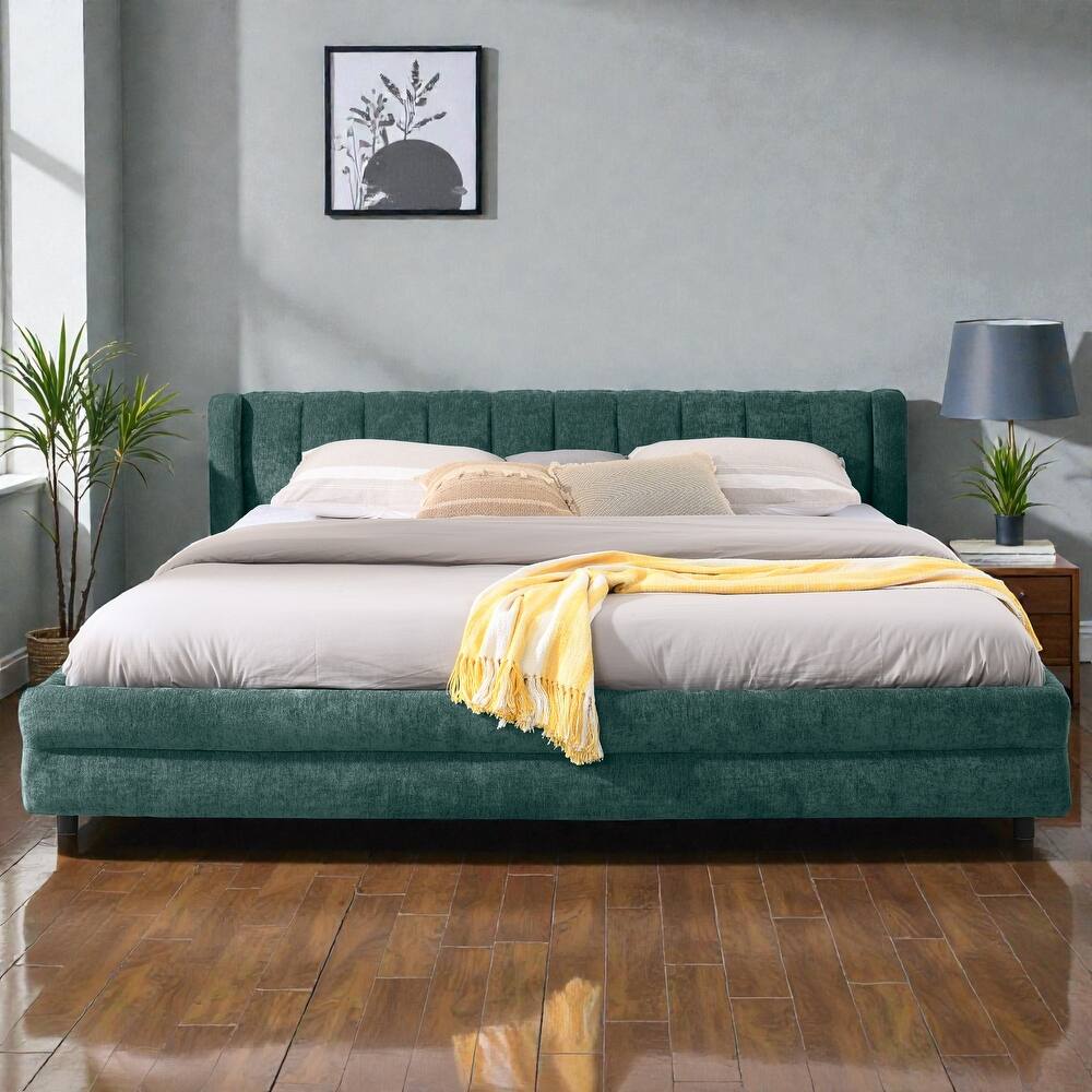 King Upholstered Bed Frame with Chenille Fabric, Soft Headboard and Underbed Storage Drawer, Modern Platform Design