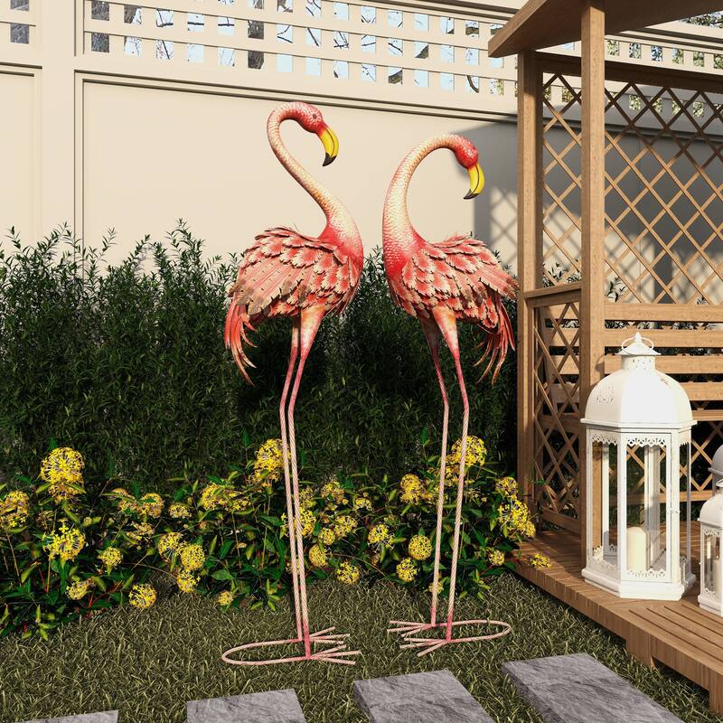 Pink Metal Indoor Outdoor Standing Flamingo Decorative Garden Sculpture with Yellow Accents and Coiled U Shaped Feet (Set of 2)