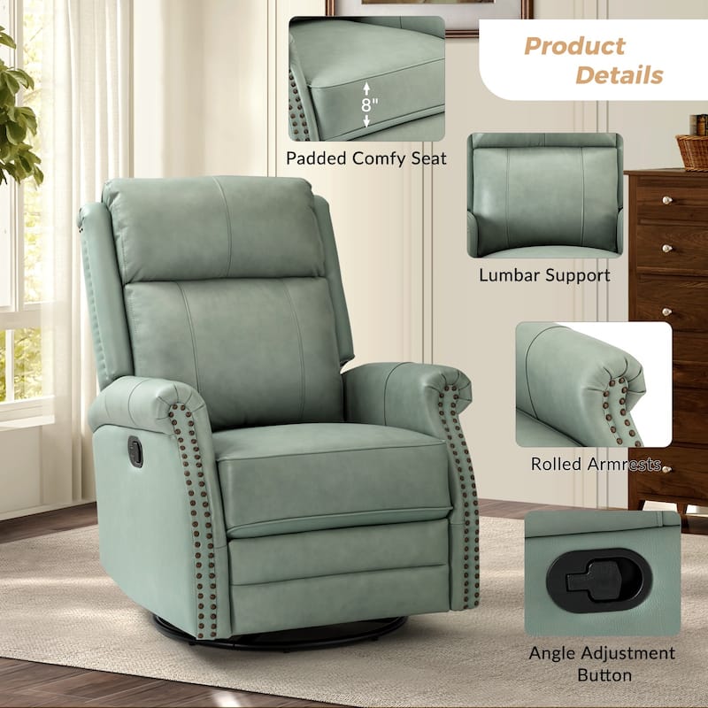 Alina Modern 20''w Genuine Leather Swivel Rocker Nursery Manual Recliner Chair with Rolled Arms by HULALA HOME