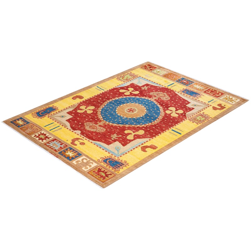 Overton Hand Knotted Wool Vintage Inspired Modern Contemporary Modern Yellow Area Rug - 6' 2" x 8' 10"