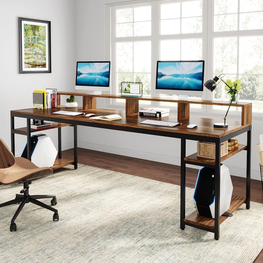 2 people Desk with Monitor Stand, 78" Office Desk with Storage Shelves (Rustic Brown)