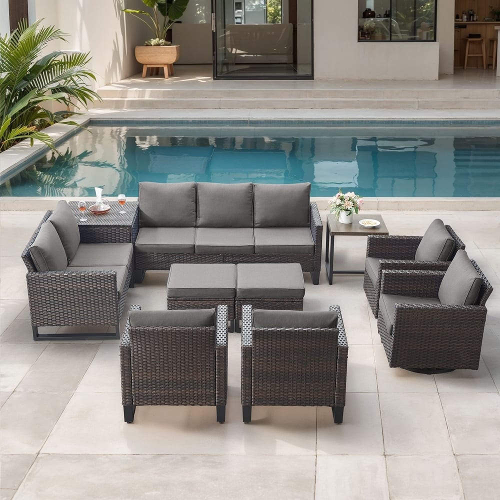 Gymojoy 9-11 Person All-Weather Wicker Outdoor Conversation Set Seating Group With Swivel Chairs