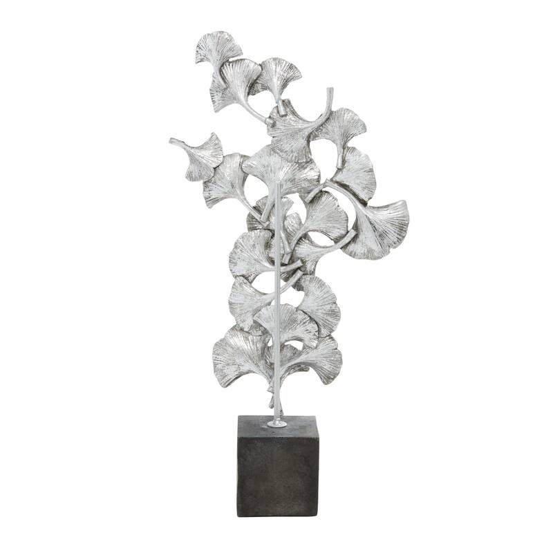 Polystone Floral Decorative Sculpture with Black Block Base - Silver or Gold - Roche River Decor