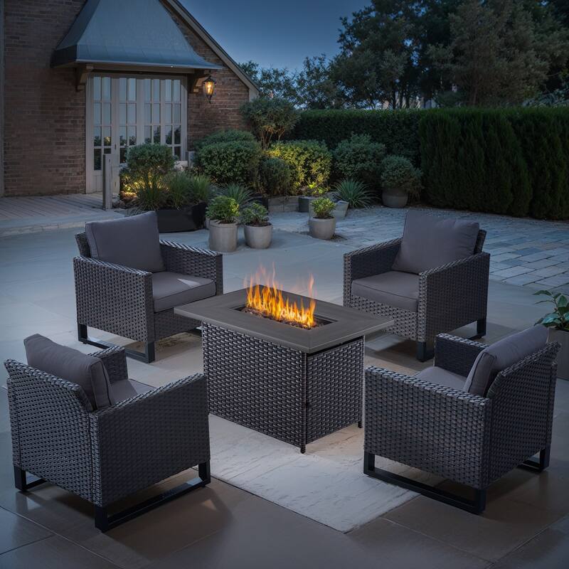 4 Pieces Patio Chair with Fire Pit Table - Grey - Brown