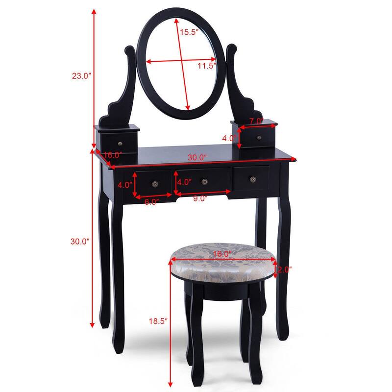 Costway Vanity Table Makeup Table Cushioned Mirror 5 Drawers Black