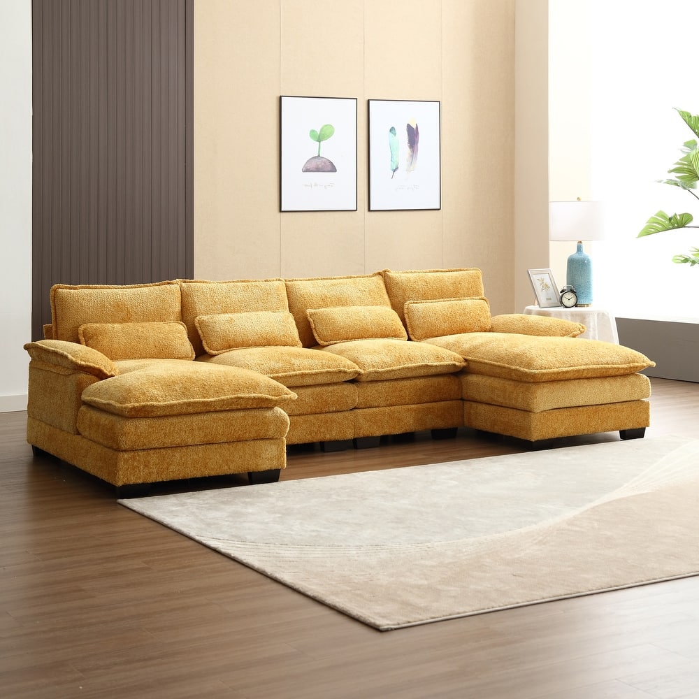 Chenille Upholstered U-Shaped Living Room Sectional Sofa With Wooden Frame