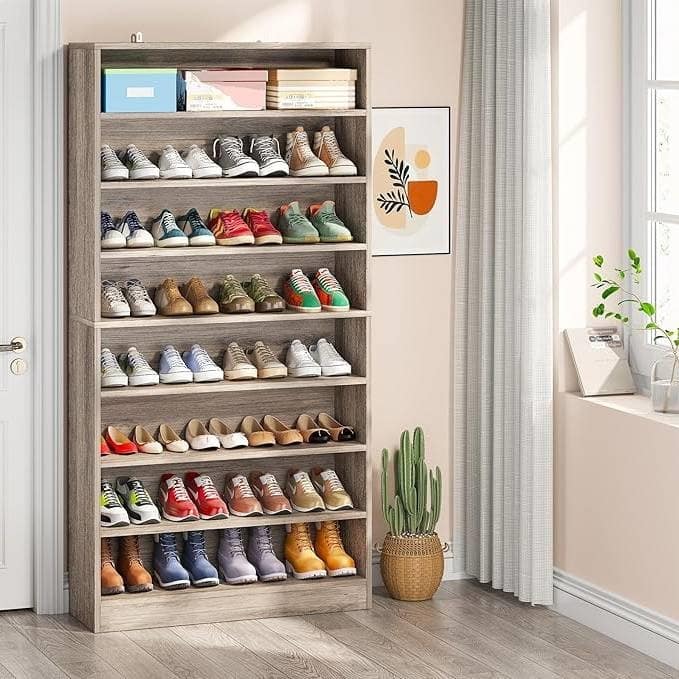 Grey Wood 9-Tier Shoe Cabinet with Adjustable Shelves for Storage - 11.81"D x 31.50"W x 70.86"H