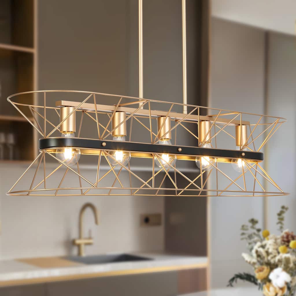 Modern Black Gold 5-Light Chandeliers Geometric Pendant Light Fixtures for Dining Room - 39.4 " × 10 " × 9.6 "
