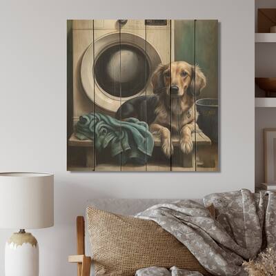 Designart 'Dog Sitting On The Laundry III' Animals Dog Wood Wall Art - Natural Pine Wood