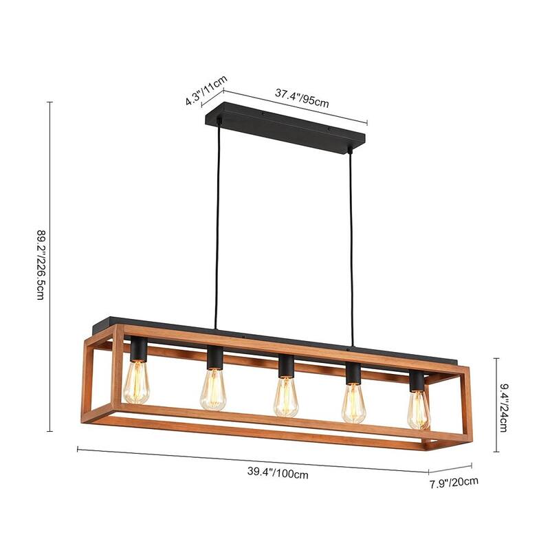 Rustic Oak Wooden Rectangular Cage Island Chandelier Ceiling Light - 39.4 Inches