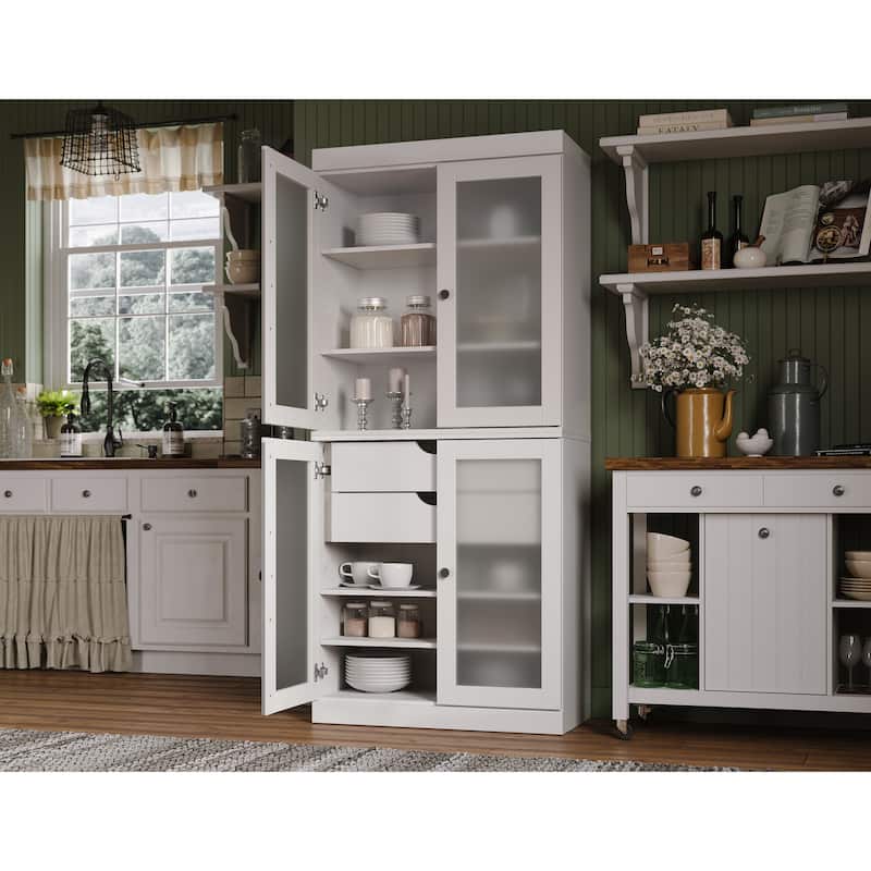 Palace Imports 100% Solid Wood Pantry Cabinet with Frosted Glass Doors, 2-Drawers and Adjustable Shelves - 32" x 71.5" - White
