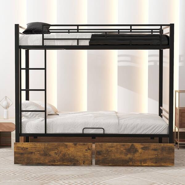 slide 2 of 14, Black Metal Twin Bunk Bed with Drawers and Traditional Stacked Design Black