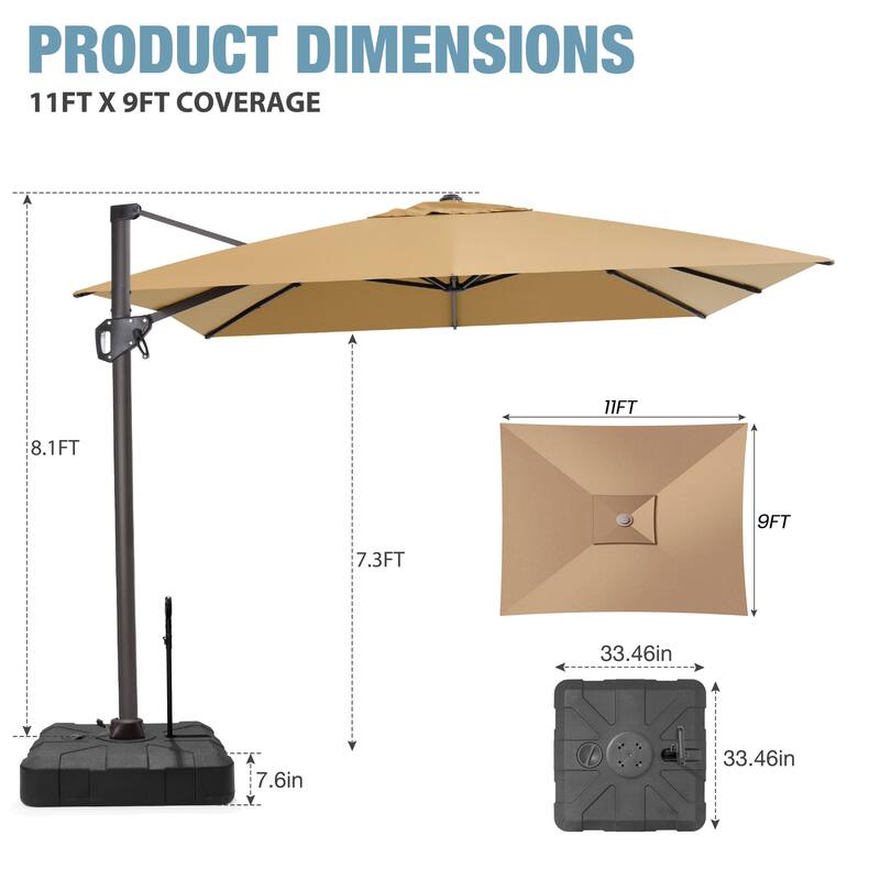 VredHom Patio Outdoor 9 x 11 FT Cantilever-Offset Umbrella with Rod Wheel Base