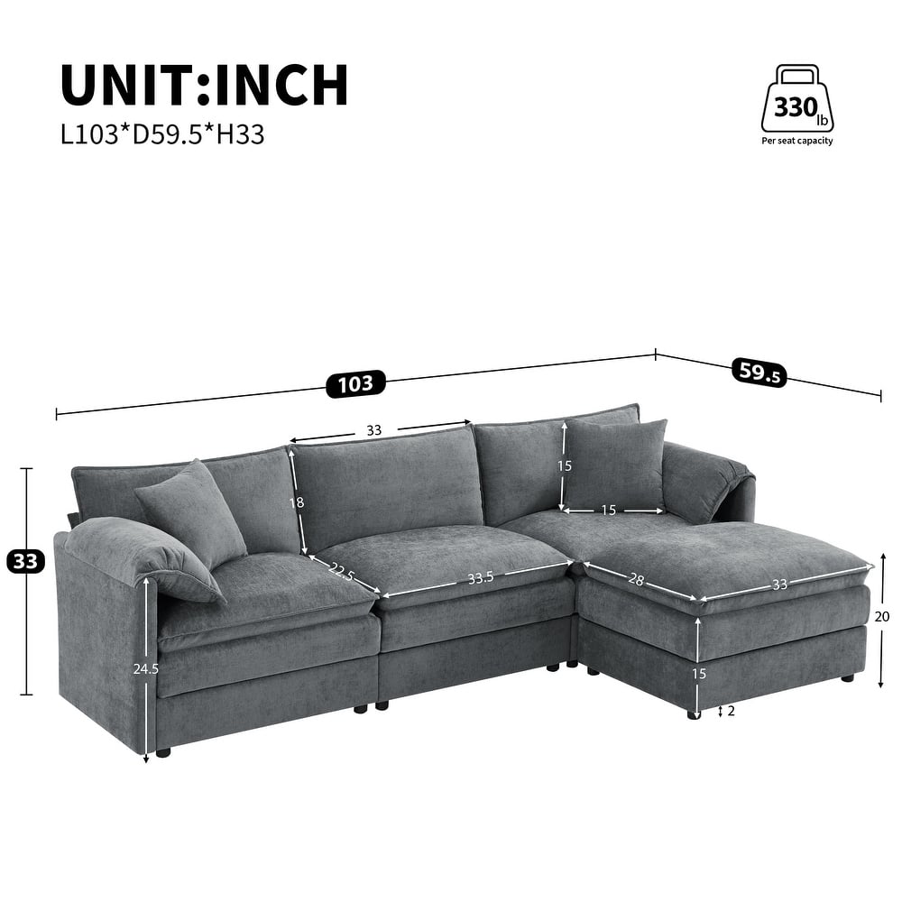 L-Shaped Modular Sectional Sofa with Ottoman, Oversized Chenille Upholstered Cloud Couch, 4-Seater Sofa with Double Cushions