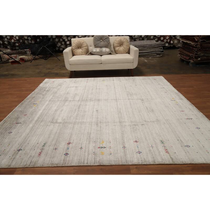Hand Knotted Oriental Viscose Silk Carpet Tribal Animal Pictorial Beige & Ivories Gabbeh Area Rug - 8' 9'' X 8' 9''