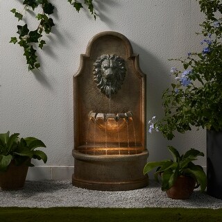 Glitzhome 31.75"H LED 3-Tier Oversized Resin Lion Outdoor Waterfall Fountain