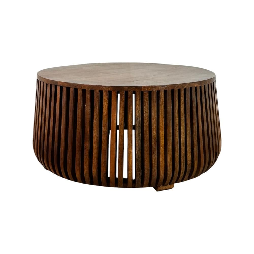 Cascade 36" Coffee Table - Vintage Layered Open Slats Base, Round Solid Wood Top Drink Table