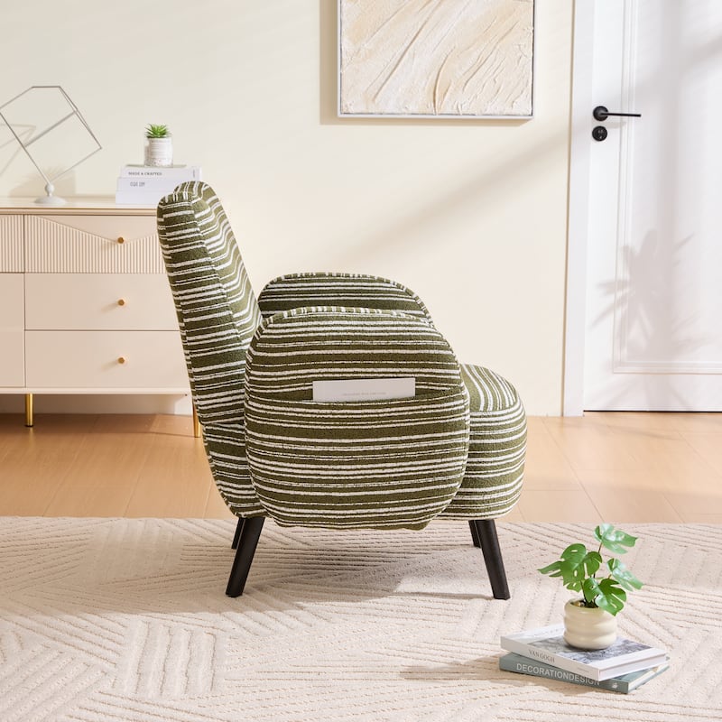 Boucle Upholstered Lounge Armchair, Reading Chair with Side Storage Pocket, Single Sofa Chair with Solid Wood Legs