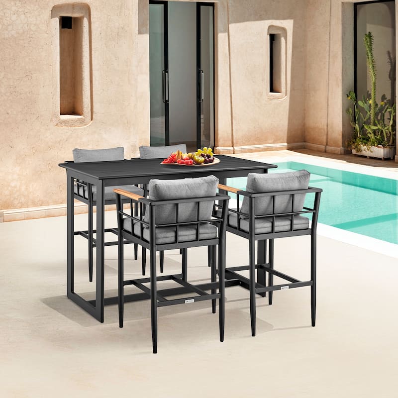 Orlando Outdoor Patio Counter or Bar Height Bar Stool in Aluminum and Teak with Grey Cushions