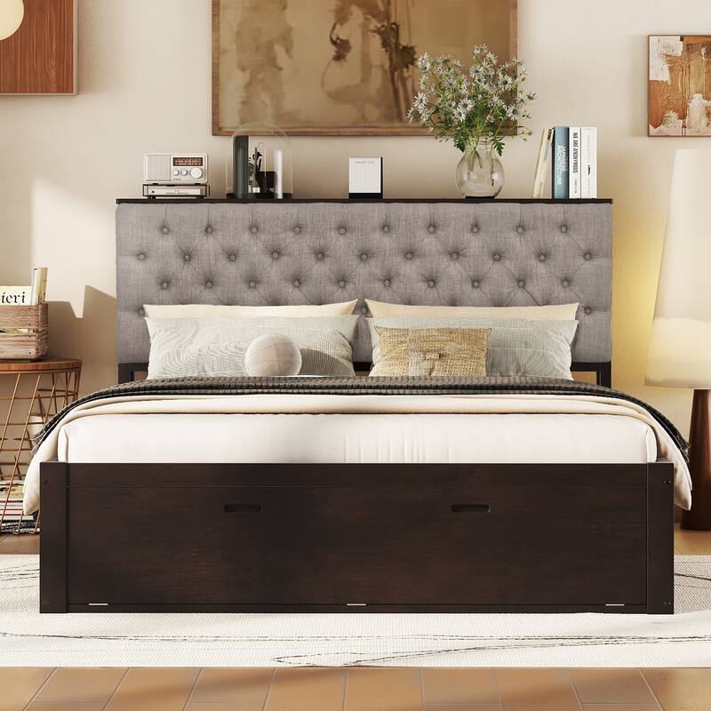 Roomfitters Queen Wood Platform Bed with Storage Headboard, Shoe Rack and Four Storage Compartments, Espresso