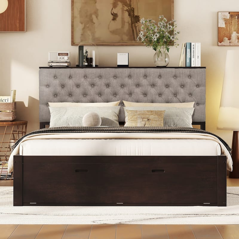 Wood Queen Size Platform Bed with Storage Headboard & shoe rack and 4 drawers