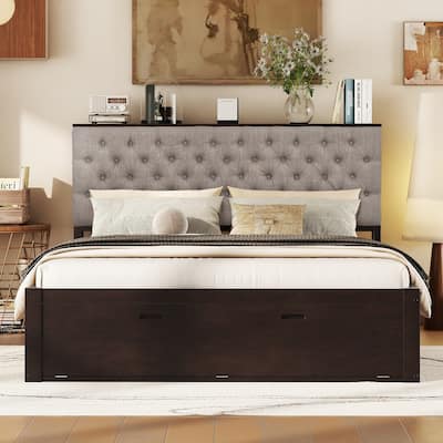 Wood Queen Storage Bed with Shoe Rack and 4 Drawers, Tufted Upholstered Headboard with Storage, Solid Pine Platform Bed Frame
