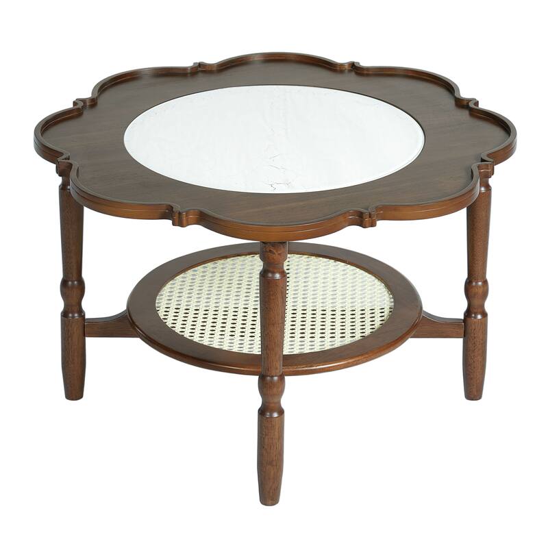 Roomfitters Mid-Century Coffee Table, Petal Shape Accent Table with Rattan Shelf and White Glass Top, Walnut