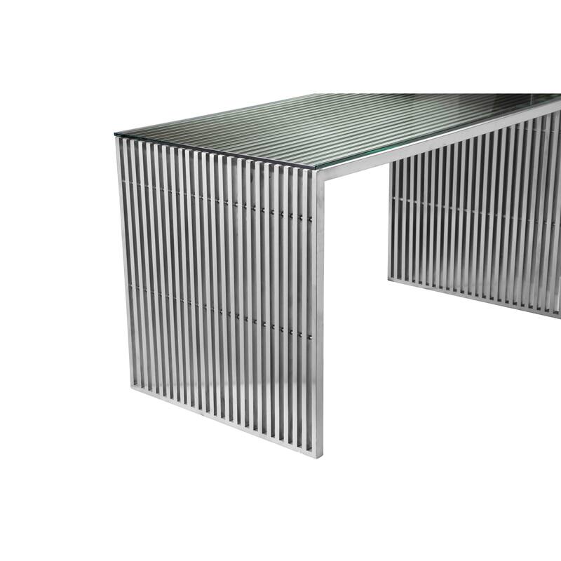 Meza 59 Inch Office Desk, Glass Top, Waterfall Slatted Panel, Silver Finish