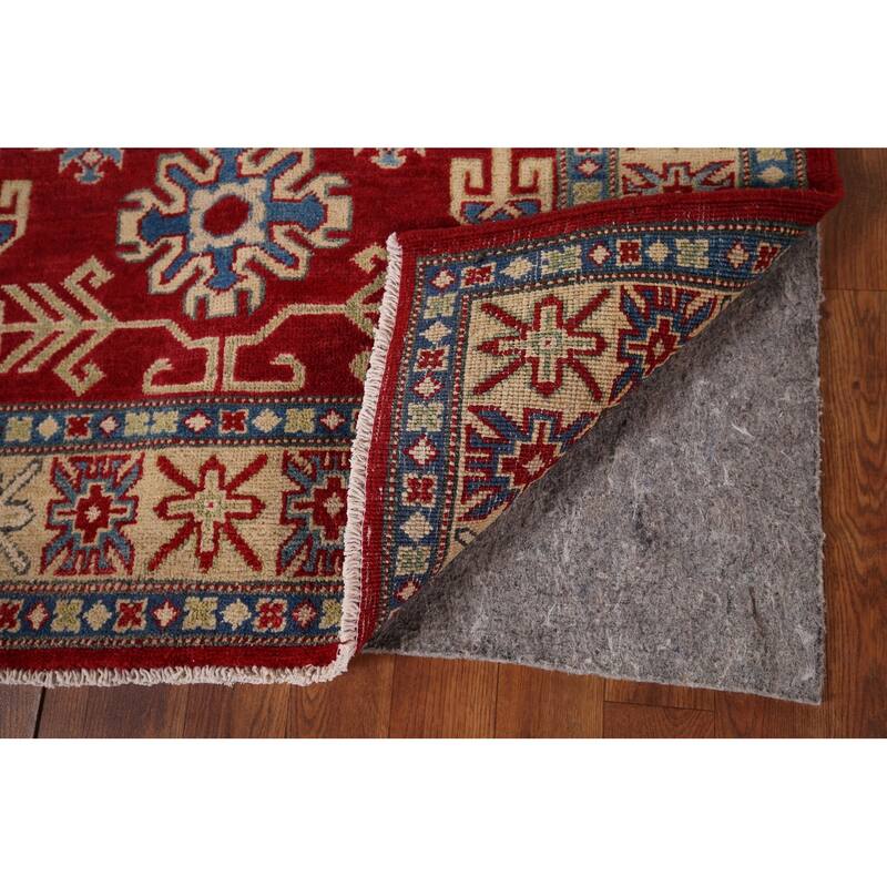 Red Geometric Kazak Foyer Rug Handmade Traditional Wool Carpet - 3'5" x 4'11"
