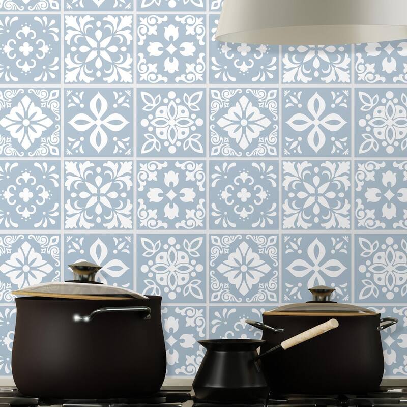 Walplus Triana Blue Grey Cemente Spanish Wall Tile Sticker Peel and Stick