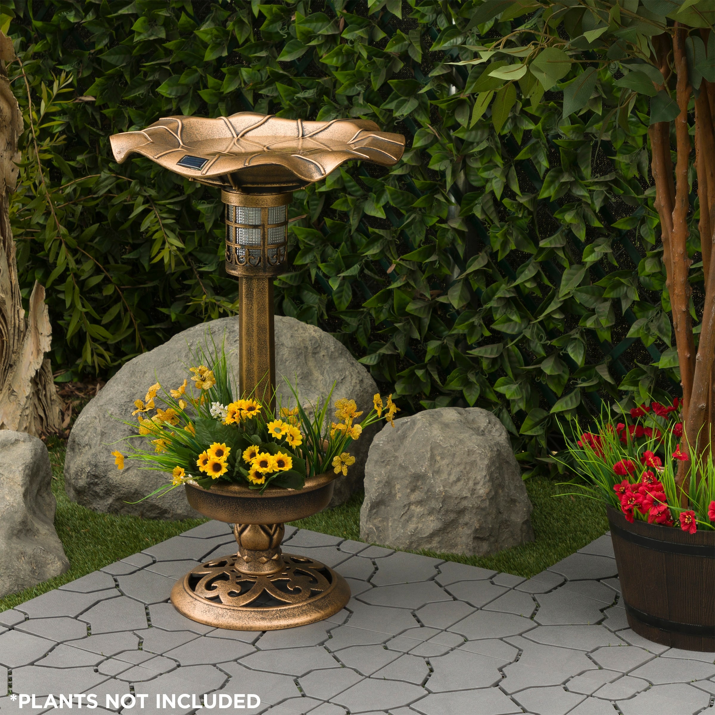 Alpine Corporation 29"H Outdoor Pedestal Birdbath with Planter Base and Solar-Powered LED Lights, Bronze