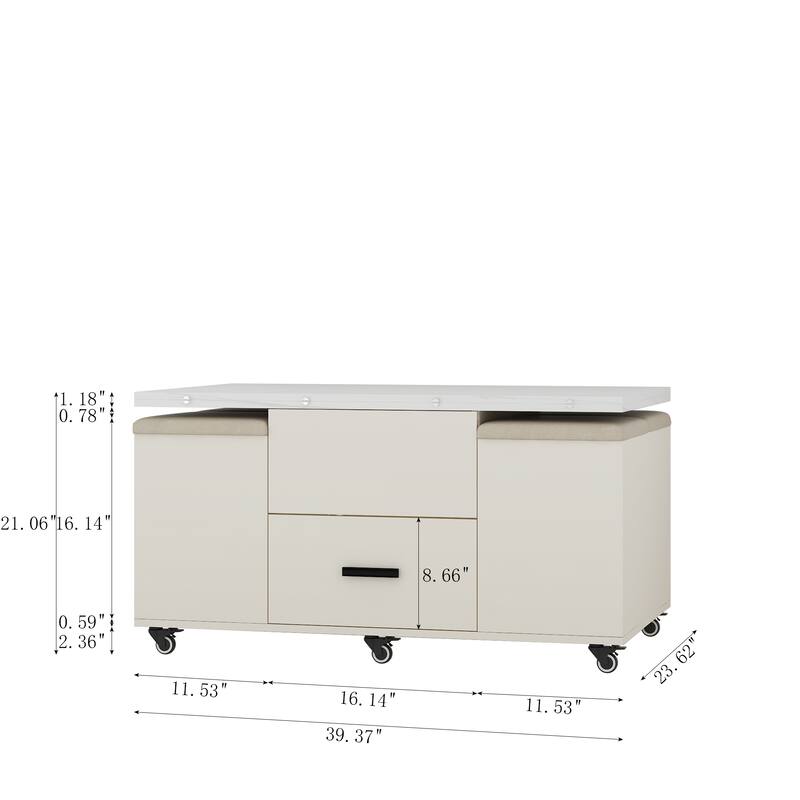 Lift Top Coffee Table Set with 4 Stools, Center Table with Hidden Storage & Drawers, Living Room Table with Lockable Wheels