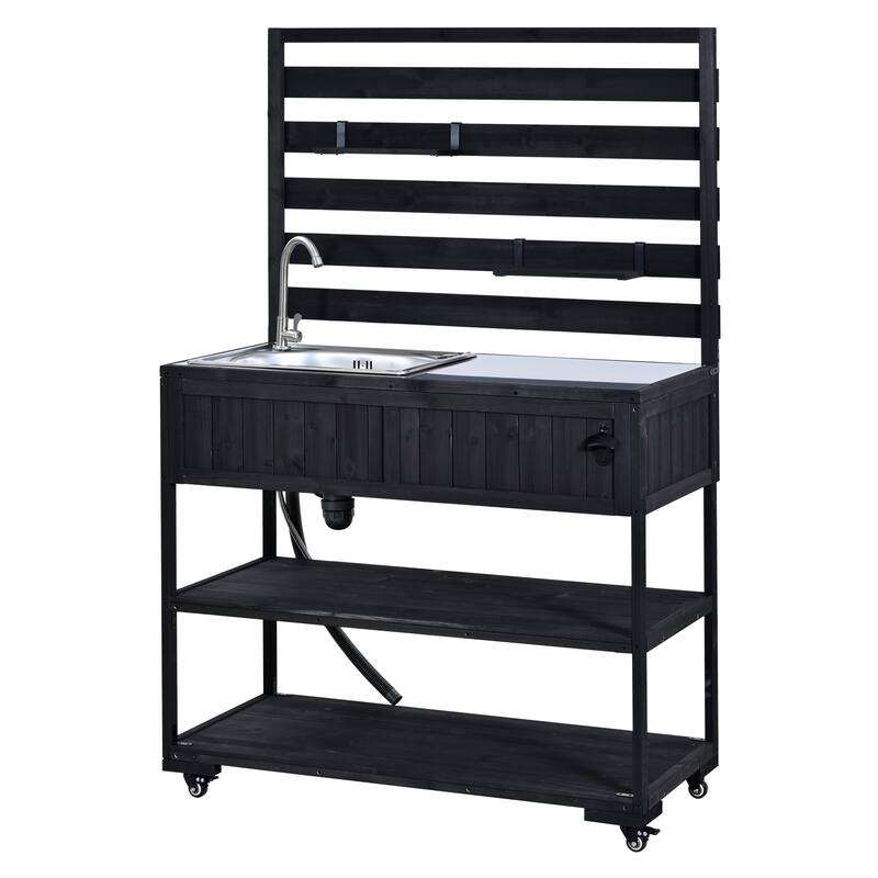 Roomfitters 41.7" Garden Potting Bench with Sink, Rolling Outdoor Potting Table, Bottle Opener, Storage Shelves, Hutch