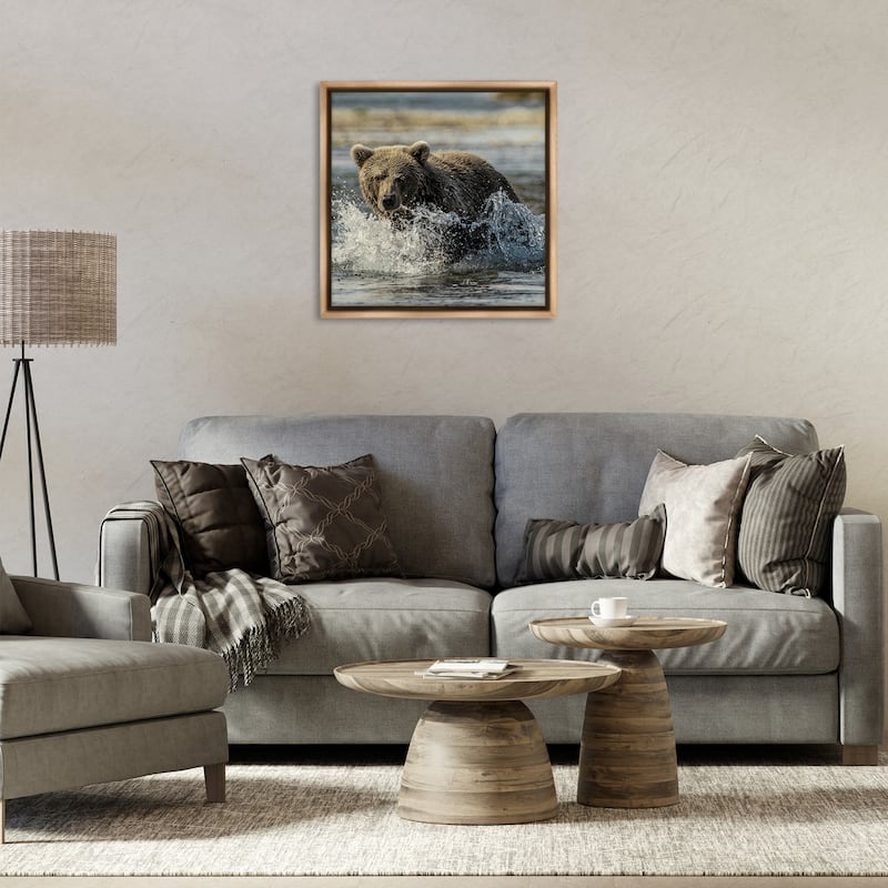 Stupell Bear Splashing in River Framed Floater Canvas Wall Art Design By Danita Delimont
