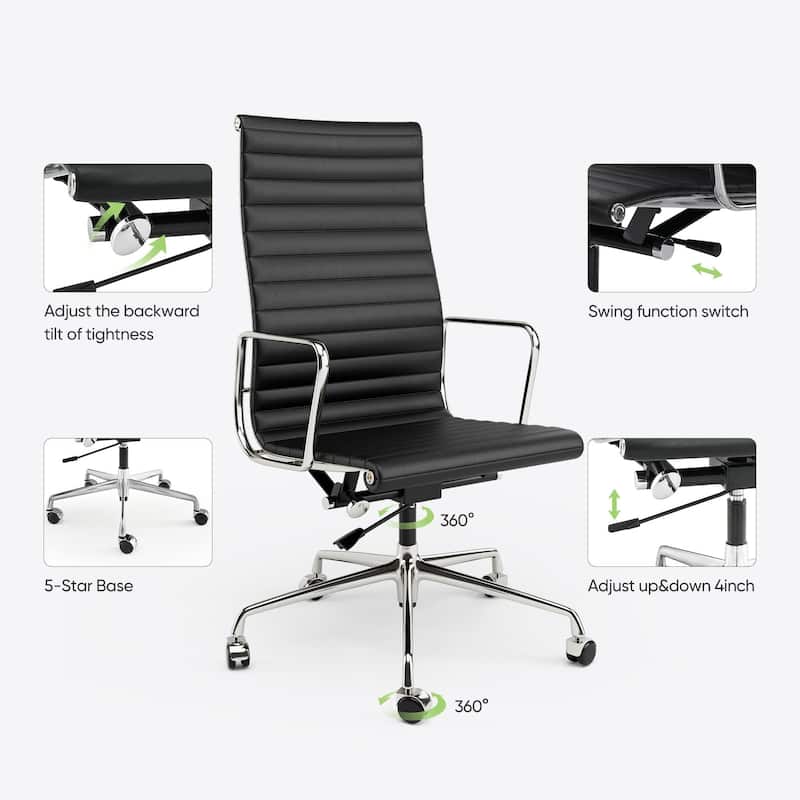 High Back Ergonomic Genuine Leather Ribbed Office Computer Chair