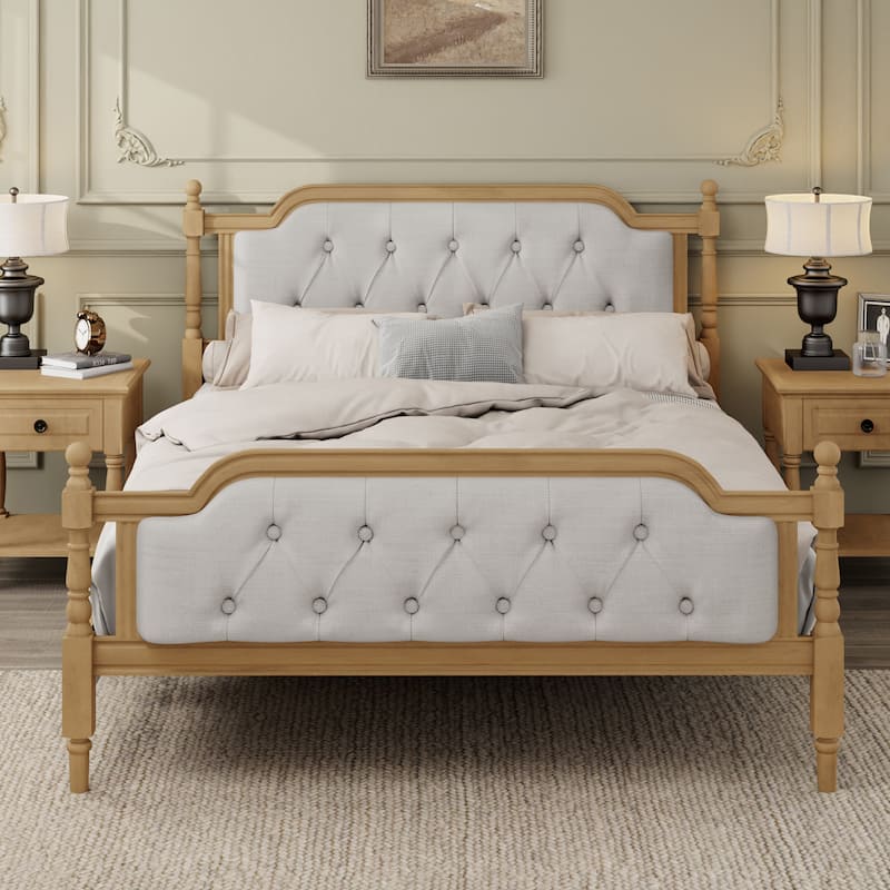 Wood Bed Frame with Button Tufted Headboard and Footboard, Upholstered Bed Four Poster Bed, No Box Spring Needed