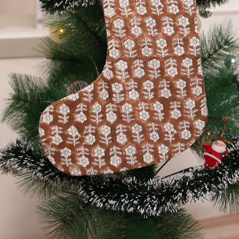 Fabdivine 16x6.5 Inches Hand Floral Block Print Christmas Stockings Tassle and Loop Perfect for Gift - 16"X6.5"