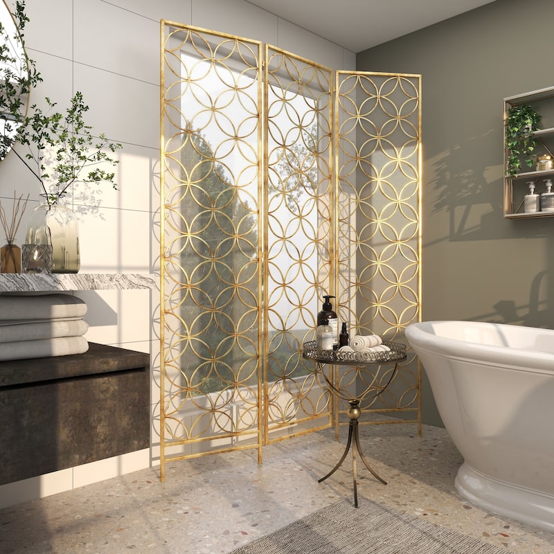 Metal Geometric Hinged Foldable Partition 3 Panel Partition Room Divider Screen - Brass - Roche River Decor