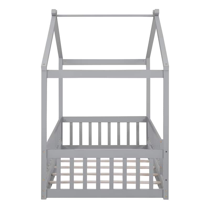 Twin Size Wood House Bed Frame with Fence for Kids and Teens, Gray