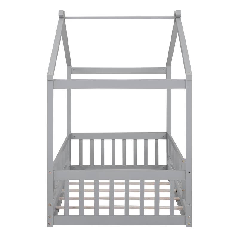 Twin Size Wood House Bed Frame with Roof and Fence - Fun and Safe Design for Children's Bedrooms, Small Space