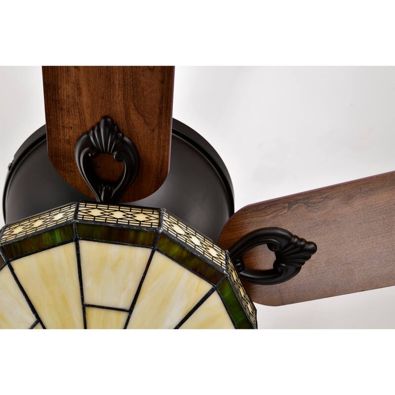 Margno 52-Inch Flushmount Lighted Ceiling Fan Jewel Cut Design Tiffany Glass Lamp Black Finish