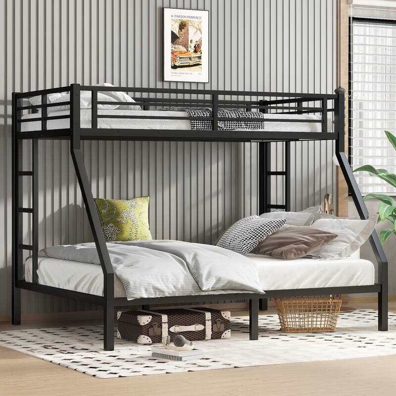 Roomfitters Metal Twin Over Full/Queen Bunk Bed Frame with Ladder & Safety Rail, Heavy-Duty Space-Saving Design, White - Black - Twin